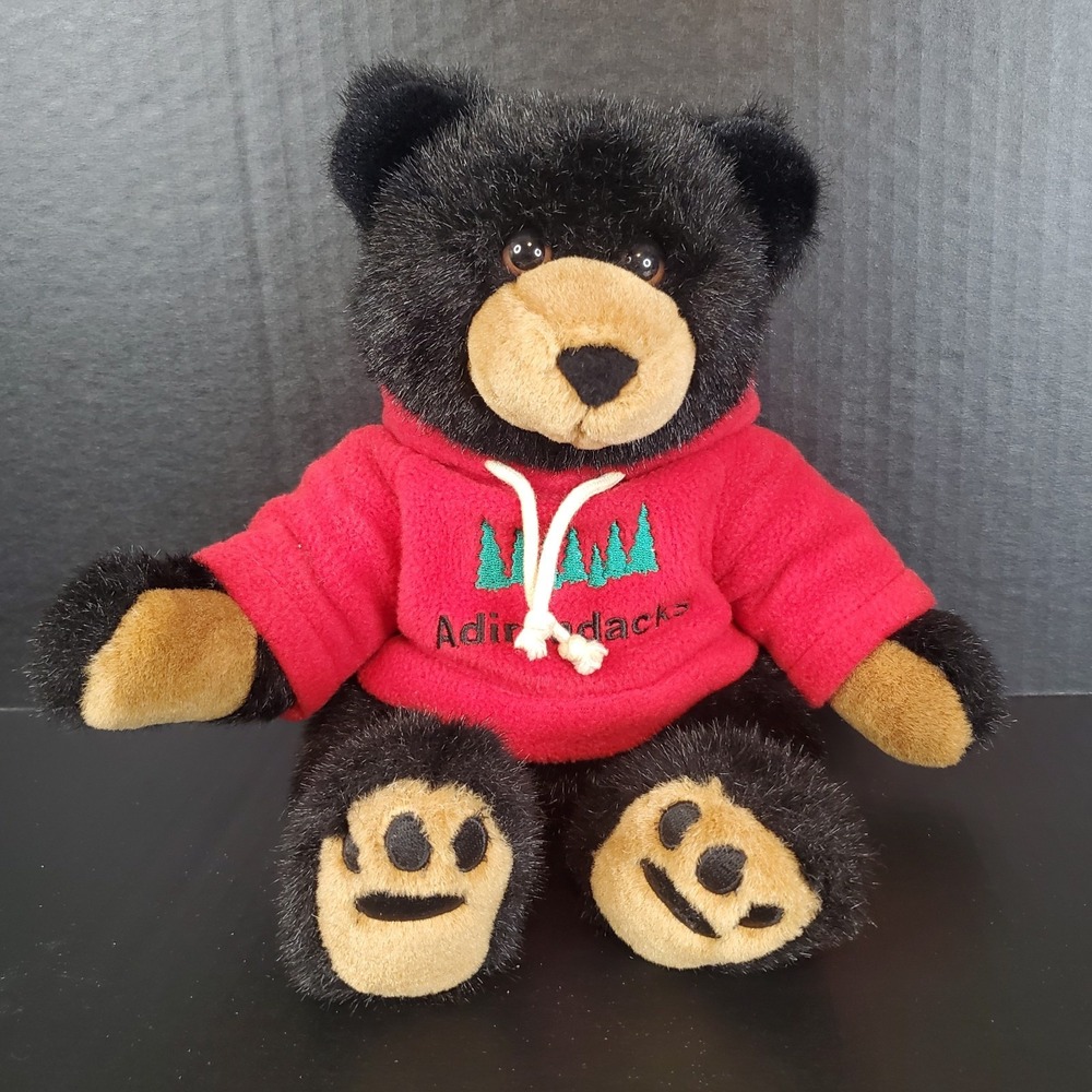 Weighted Black Bear Teddy Wearing Red Fleece Adirondack Hoodie Souvenir Plush